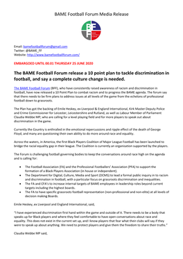 BFF 10 Point Plan Media Release