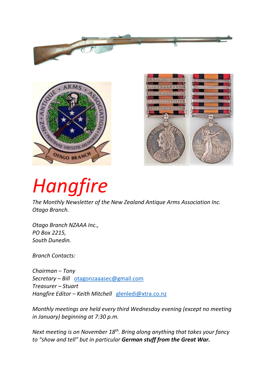 Hangfire the Monthly Newsletter of the New Zealand Antique Arms Association Inc