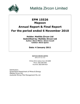 EPM 15526 Mapoon Annual Report & Final Report for the Period Ended 6 November 2010