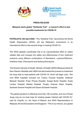 PRESS RELEASE Malaysia Starts Global “Solidarity Trial”