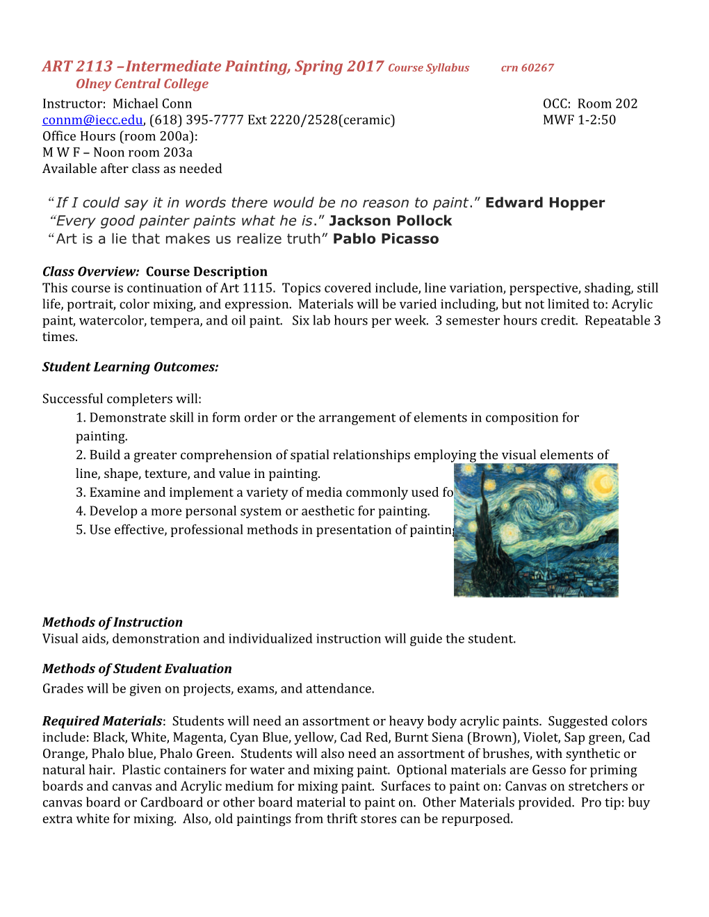 ART 2113 Intermediate Painting, Spring 2017 Course Syllabus Crn 60267Olney Central College