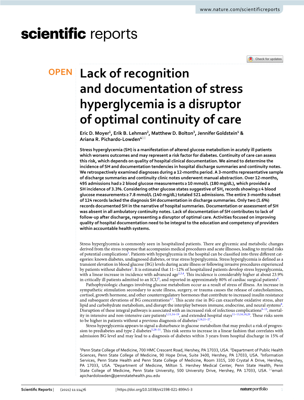 Lack of Recognition and Documentation of Stress Hyperglycemia Is a Disruptor of Optimal Continuity of Care Eric D