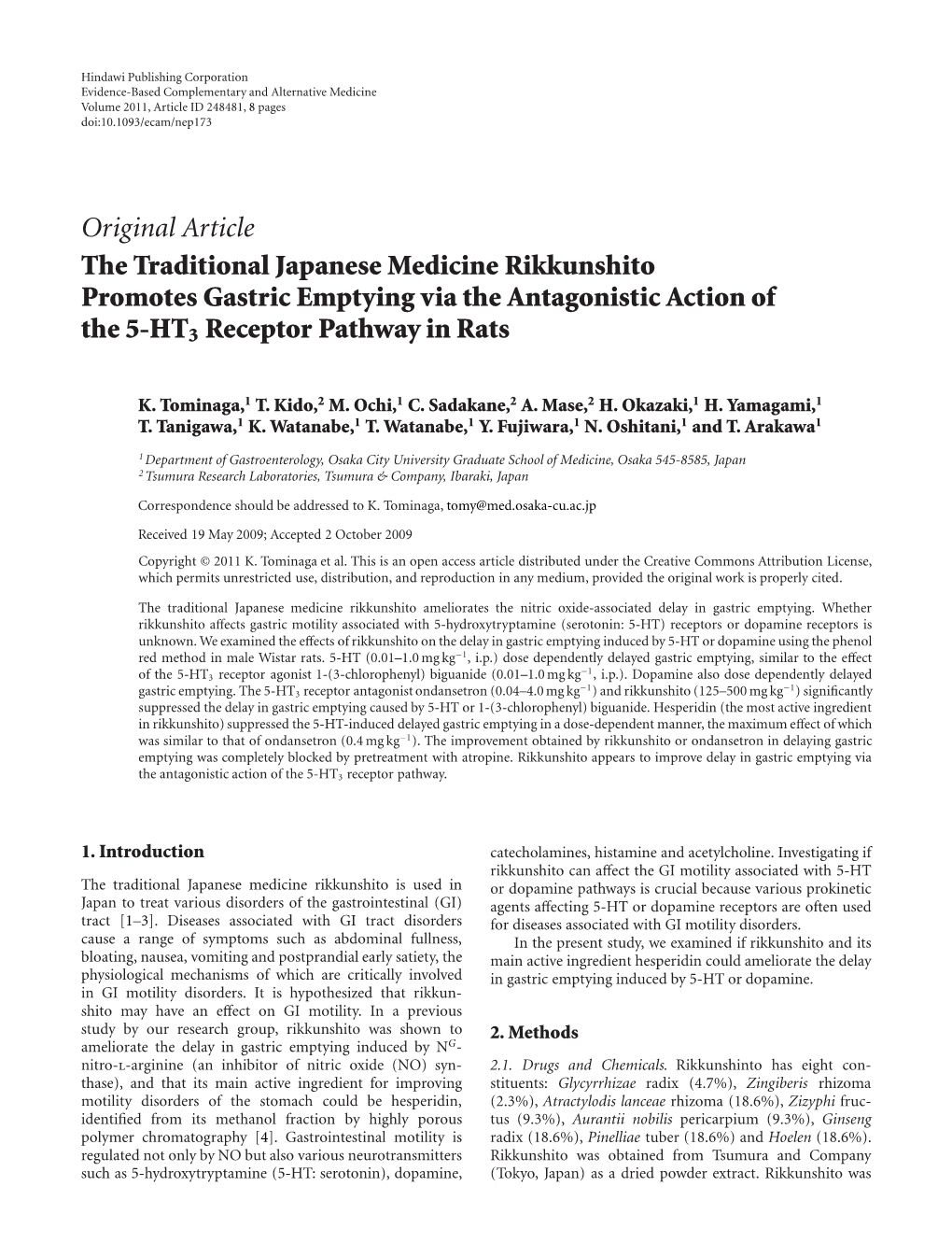 The Traditional Japanese Medicine Rikkunshito Promotes Gastric Emptying Via the Antagonistic Action of the 5-HT3 Receptor Pathway in Rats