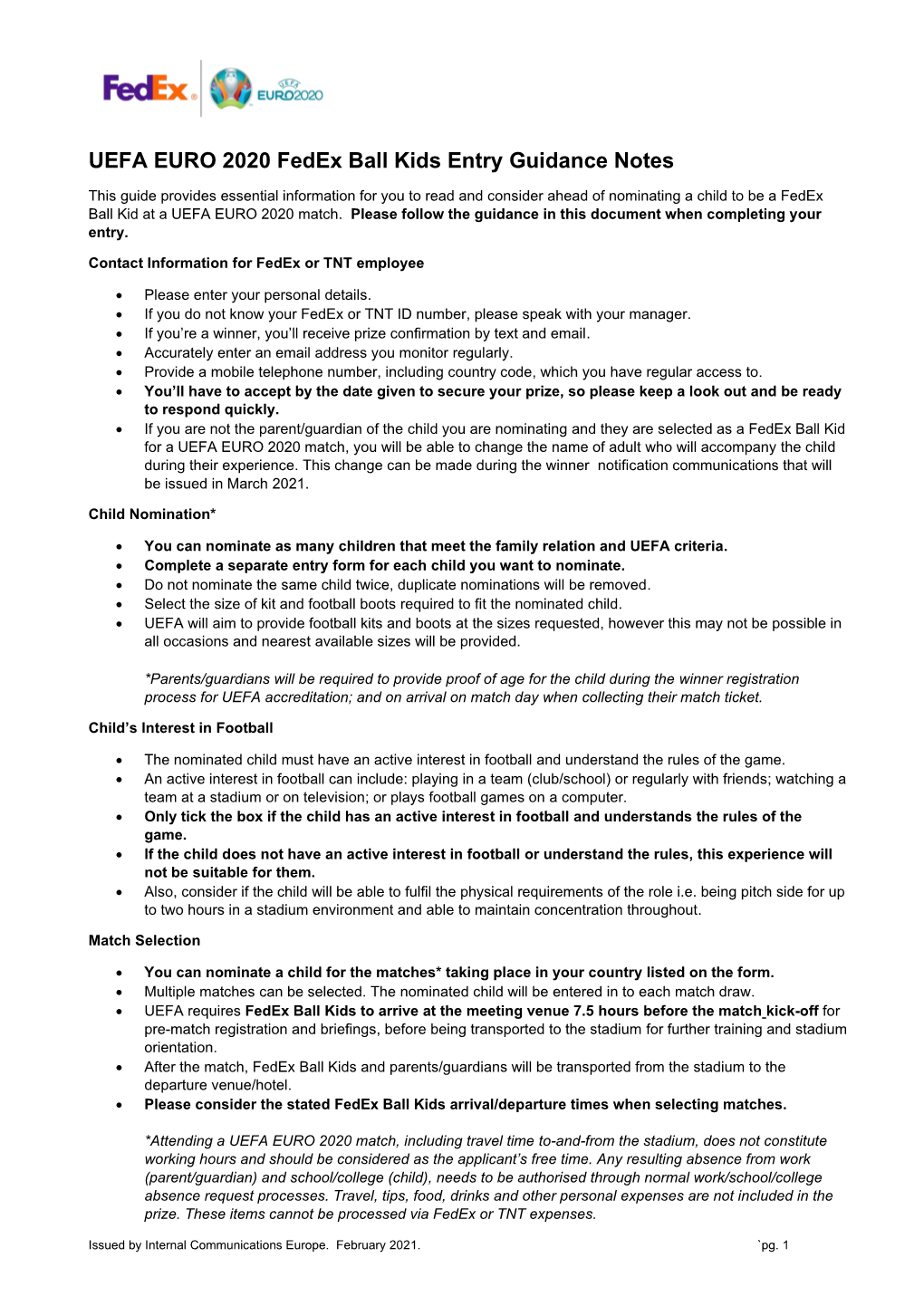 UEFA EURO 2020 Fedex Ball Kids Entry Guidance Notes