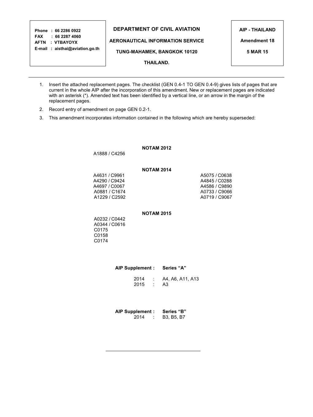 DEPARTMENT of CIVIL AVIATION AIP - THAILAND FAX : 66 2287 4060 AFTN : VTBAYOYX AERONAUTICAL INFORMATION SERVICE Amendment 18