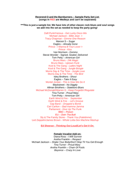 Reverend O and the Barnburners – Sample Party Set List (Songs in RED Are Medleys and Can't Be Separated)