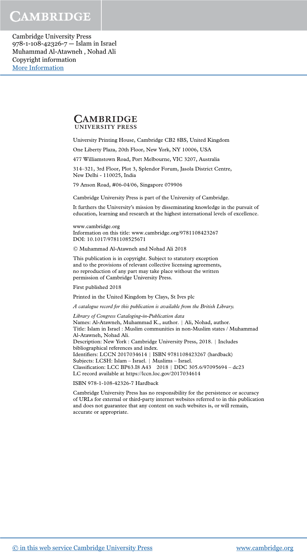 Cambridge University Press 978-1-108-42326-7 — Islam in Israel Muhammad Al-Atawneh , Nohad Ali Copyright Information More Information