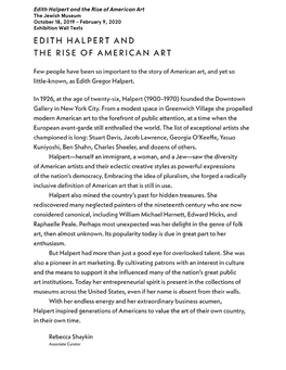 Edith Halpert and the Rise of American Art the Jewish Museum October 18, 2019 - February 9, 2020 Exhibition Wall Texts