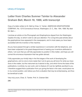 Letter from Charles Sumner Tainter to Alexander Graham Bell, March 18, 1888, with Transcript