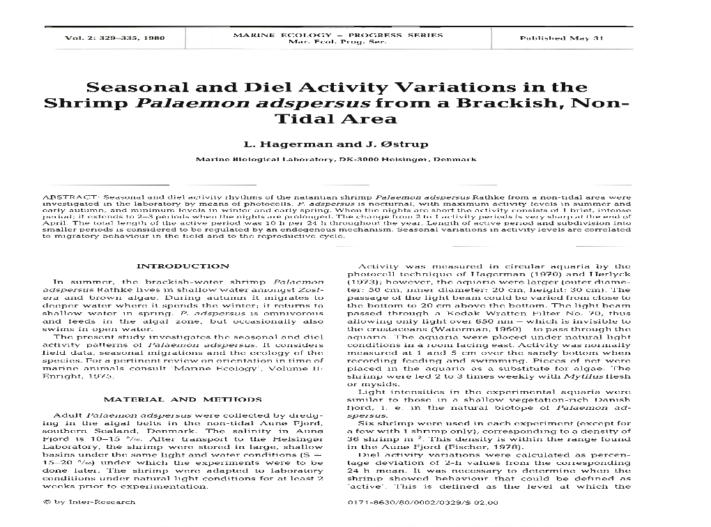 Seasonal and Diel Activity Variations in the Shrimp Palaemon Adspersus from a Brackish, Non- Tidal Area