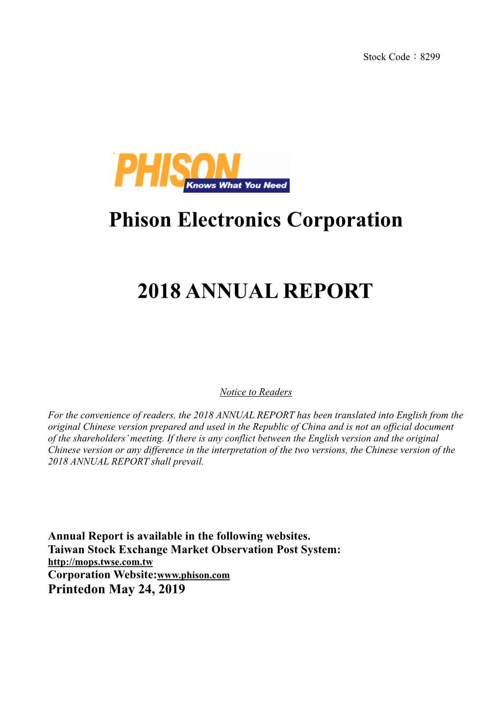 Phison Electronics Corporation 2018 Annual Report Contents