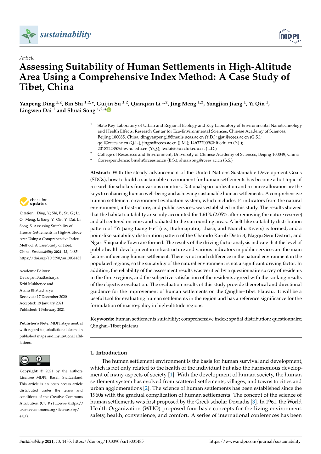 Assessing Suitability of Human Settlements in High-Altitude Area Using a Comprehensive Index Method: a Case Study of Tibet, China