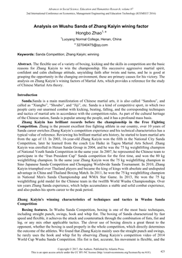 Analysis on Wushu Sanda of Zhang Kaiyin Wining Factor Hongbo Zhao1, a 1Luoyang Normal College, Henan, China a 327040475@Qq.Com
