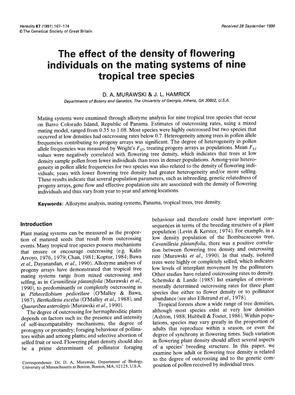 The Effect of the Density of Flowering Individuals on the Mating Systems of Nine Tropical Tree Species