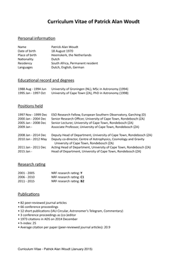 Curriculum Vitae of Patrick Alan Woudt