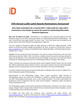 27Th Annual Lucille Lortel Awards Nominations Announced