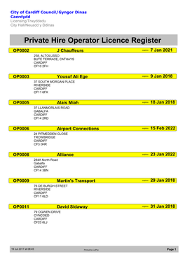 Private Hire Operator Licence Register