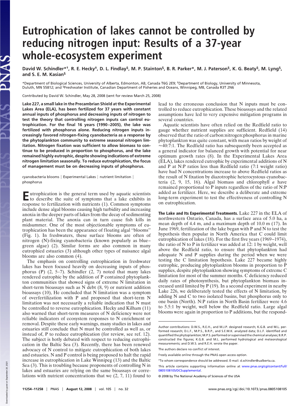 Eutrophication of Lakes Cannot Be Controlled by Reducing Nitrogen Input: Results of a 37-Year Whole-Ecosystem Experiment