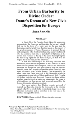 From Urban Barbarity to Divine Order: Dante’S Dream of a New Civic Disposition for Europe