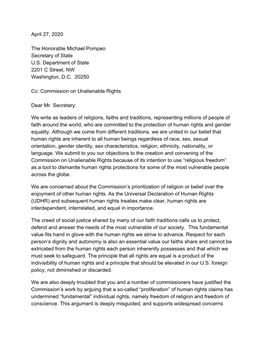 Interfaith Letter to Secretary Pompeo