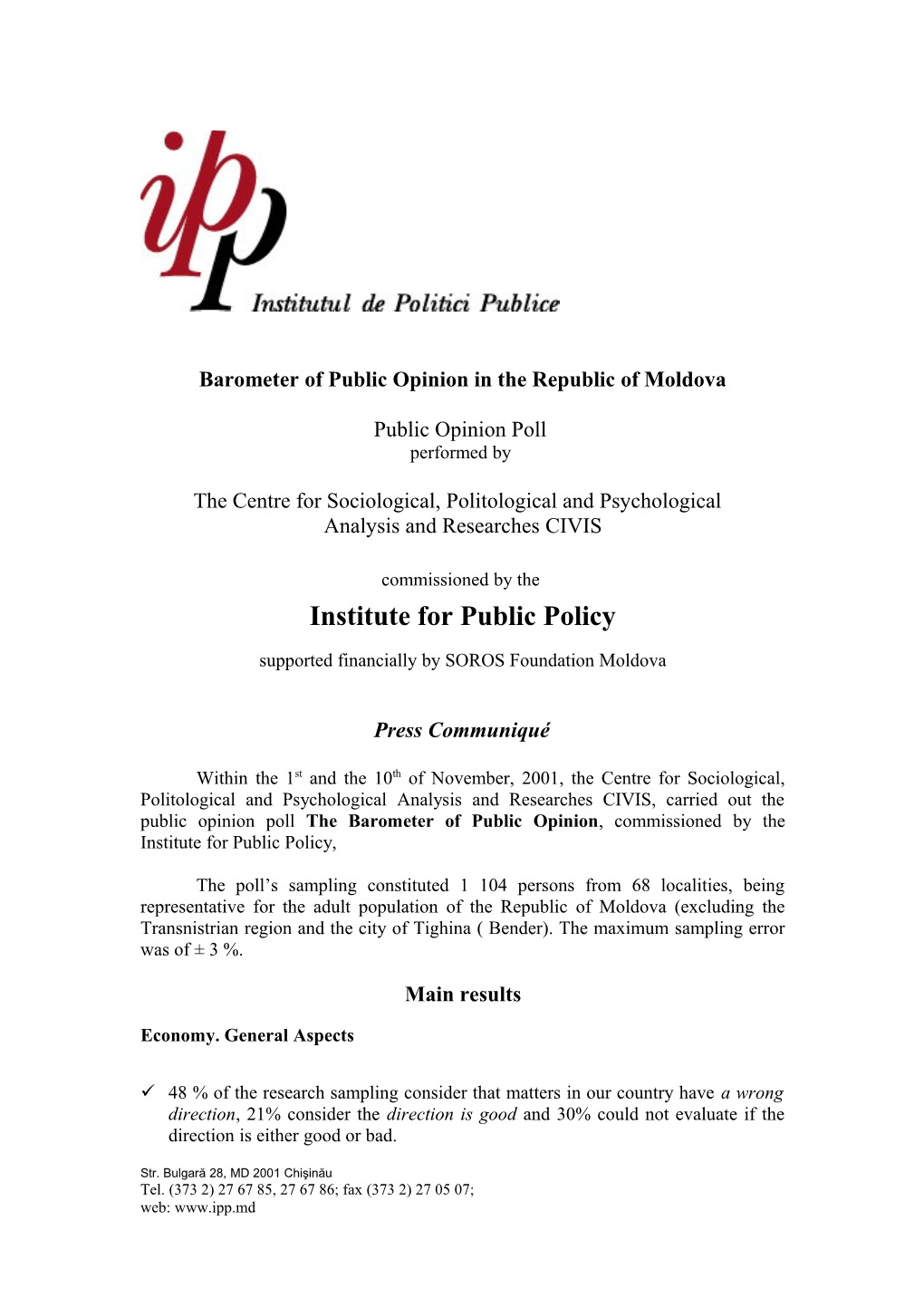 Barometer of Public Opinion in the Republic of Moldova