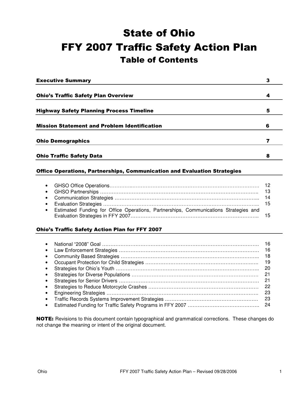 State of Ohio FFY 2007 Traffic Safety Action Plan Table of Contents