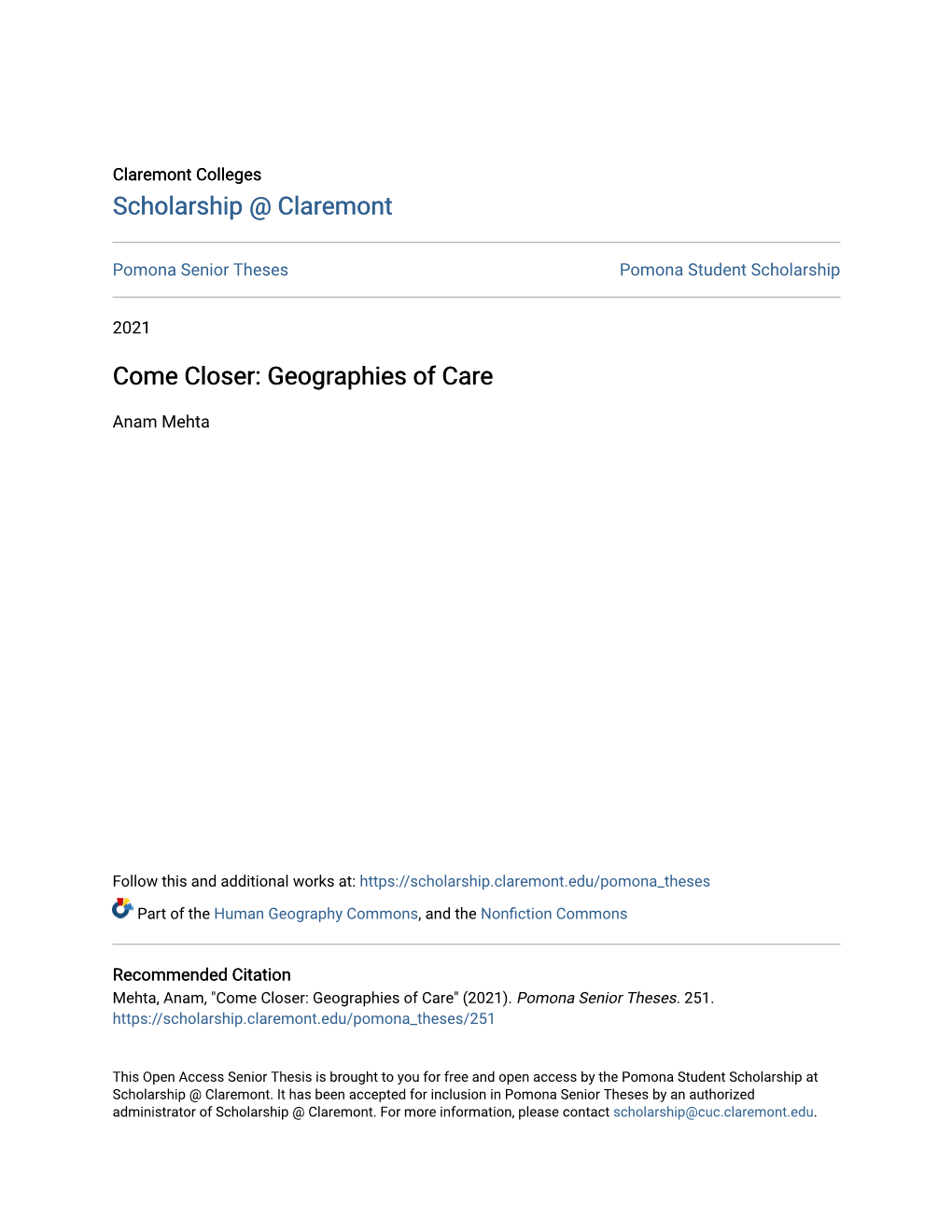 Come Closer: Geographies of Care