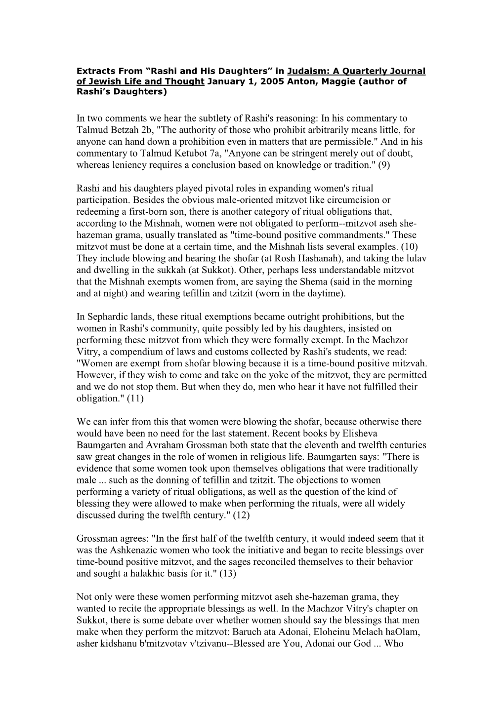 Rashi and His Daughters” in Judaism: a Quarterly Journal of Jewish Life and Thought January 1, 2005 Anton, Maggie (Author of Rashi’S Daughters)