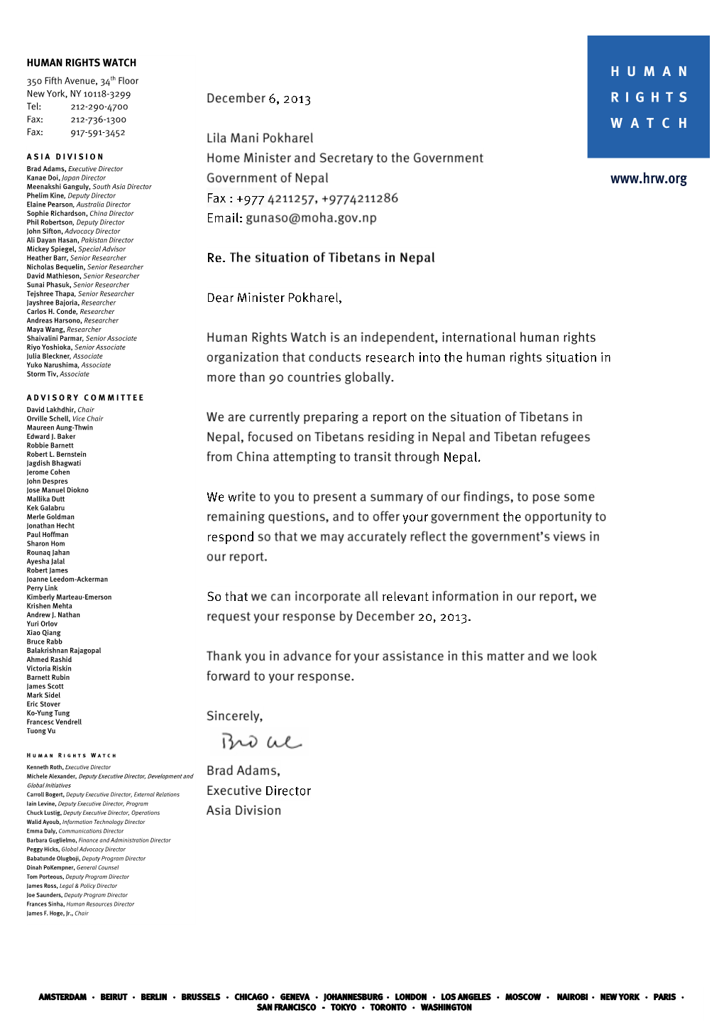 Letter from Human Rights Watch to the Government of Nepal