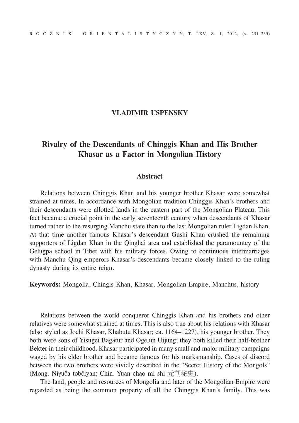 Rivalry of the Descendants of Chinggis Khan and His Brother Khasar As a Factor in Mongolian History