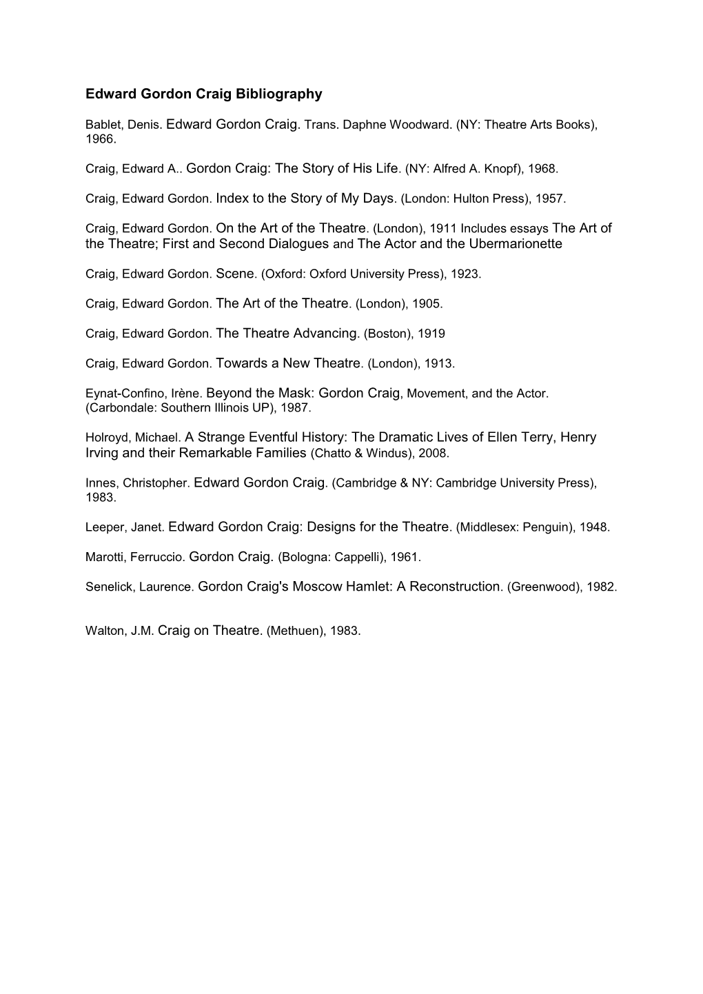 Edward Gordon Craig Bibliography