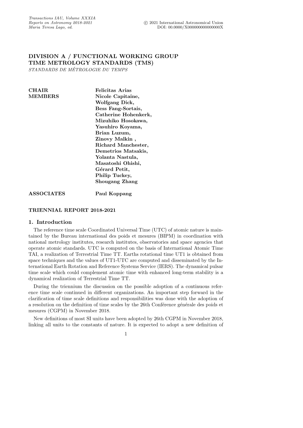 Division a / Functional Working Group Time Metrology Standards (Tms) Standards De Metrologie´ Du Temps