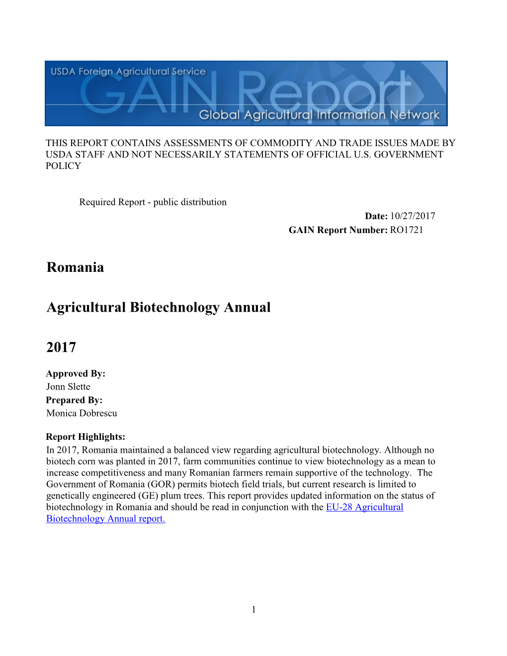 2017 Agricultural Biotechnology Annual Romania
