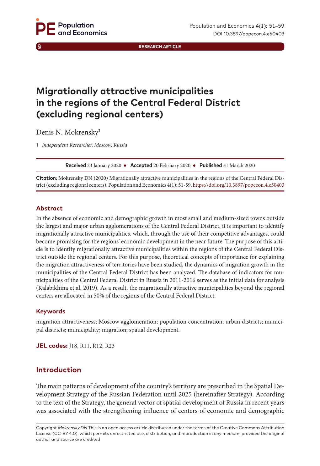 Migrationally Attractive Municipalities in the Regions of the Central Federal District (Excluding Regional Centers)