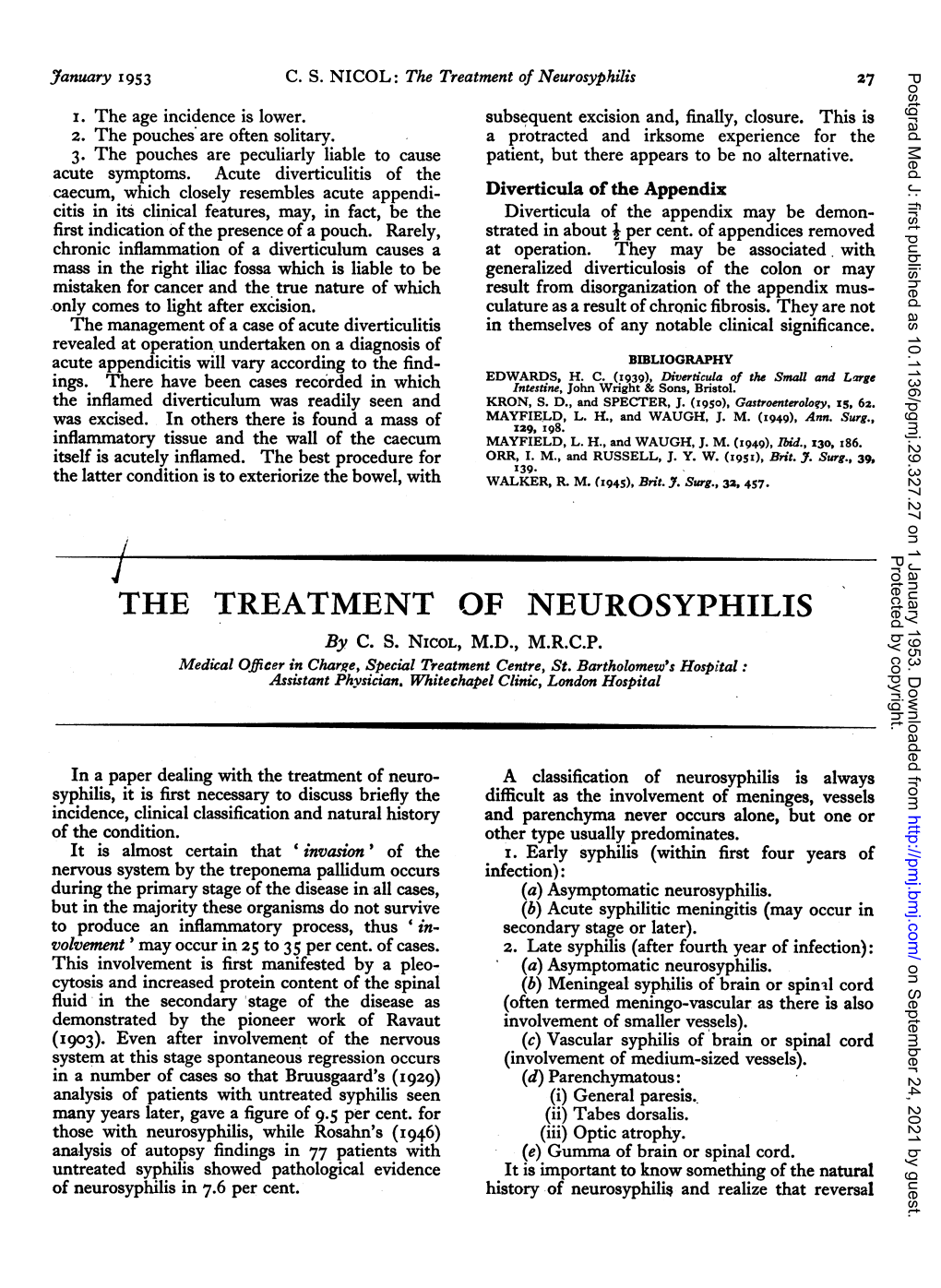 The Treatment of Neurosyphilis 27 Postgrad Med J: First Published As 10.1136/Pgmj.29.327.27 on 1 January 1953