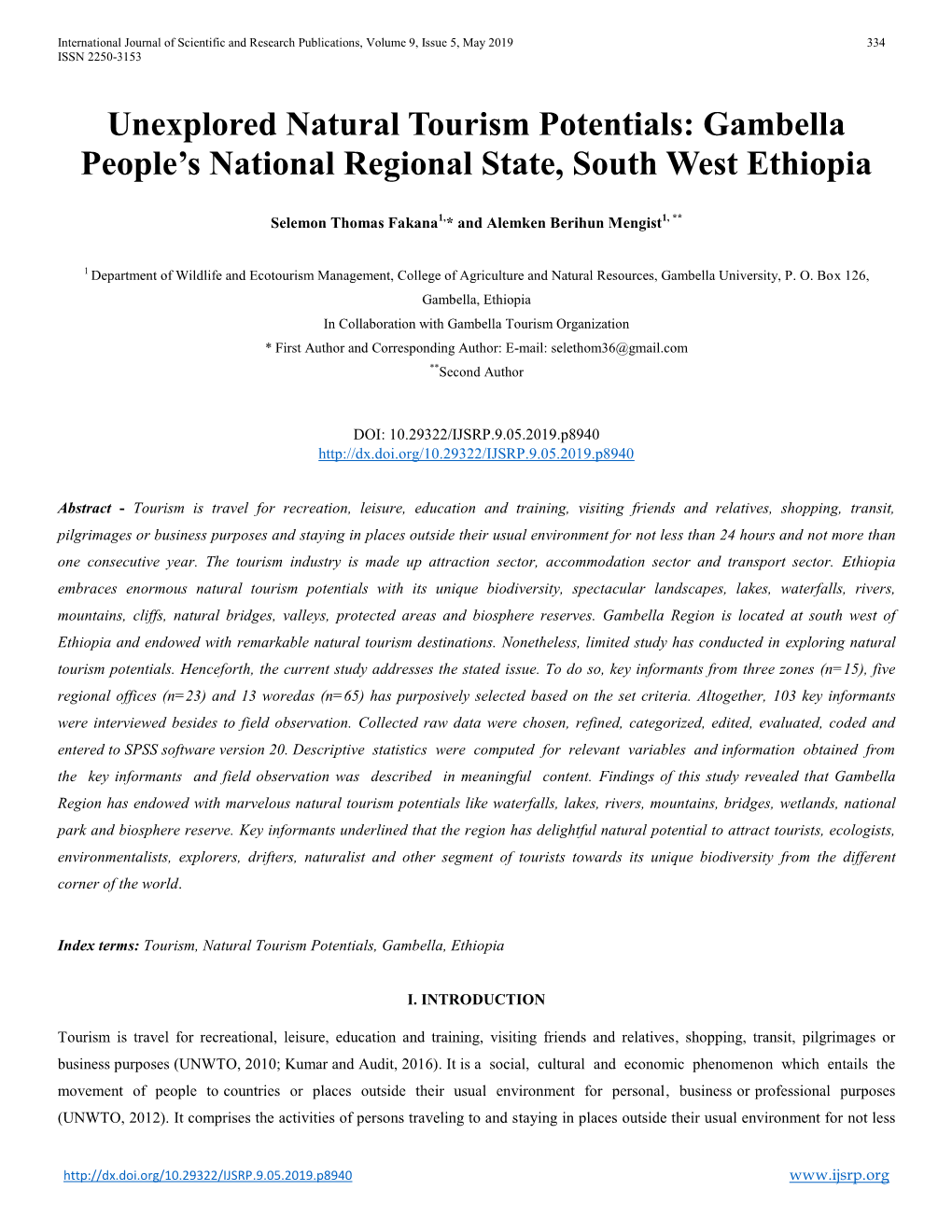 Unexplored Natural Tourism Potentials: Gambella People's National Regional State, South West Ethiopia