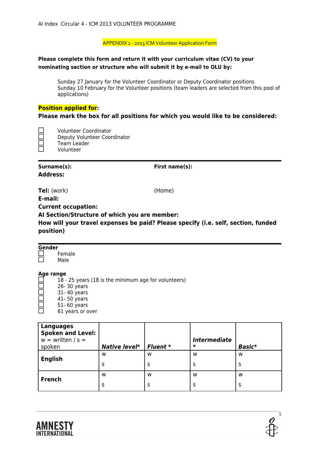 APPENDIX 1 - 2013 ICM Volunteer Application Form