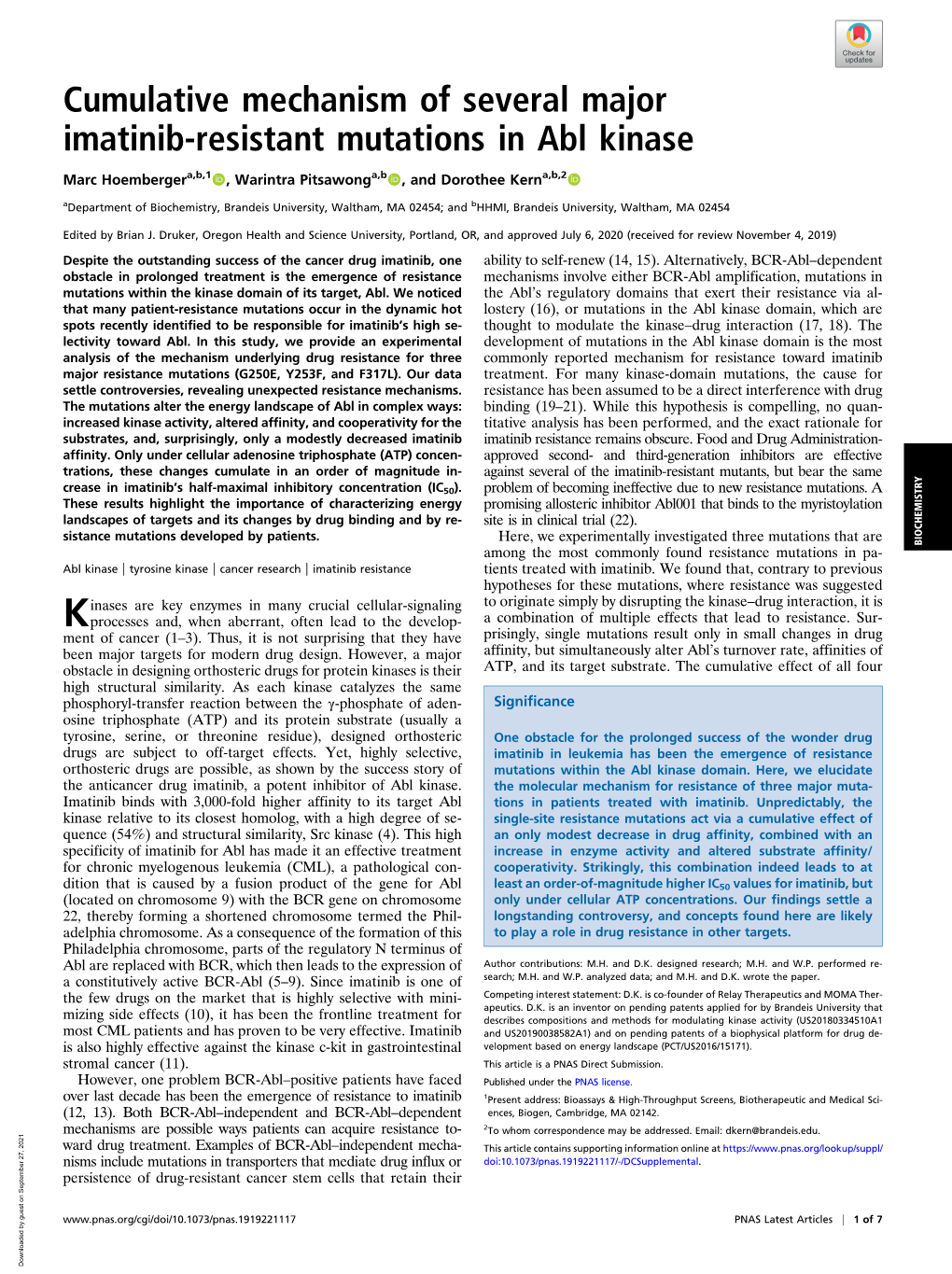 Cumulative Mechanism of Several Major Imatinib-Resistant Mutations in Abl Kinase