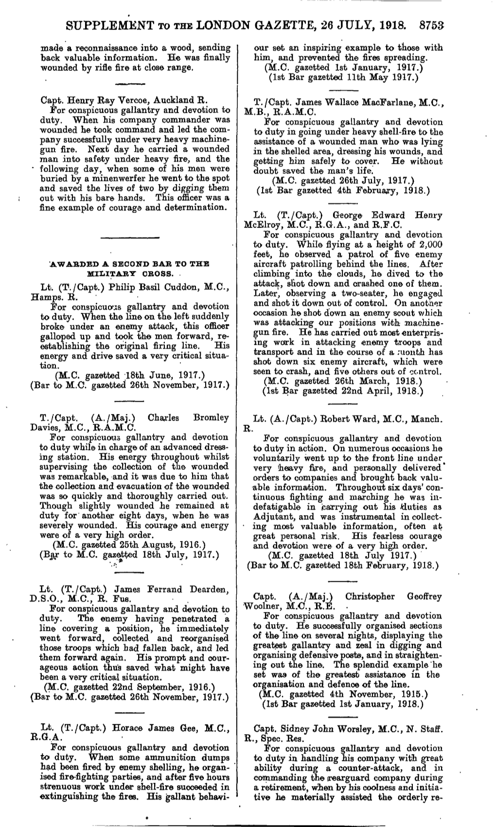 Supplement to the London Gazette, 26 July, 1918. 8755