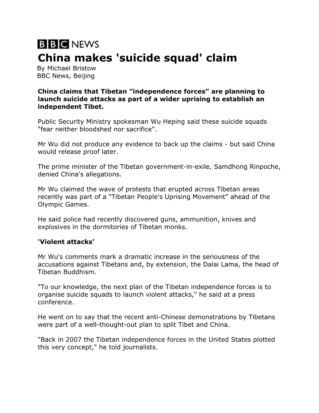 China Makes 'Suicide Squad' Claim