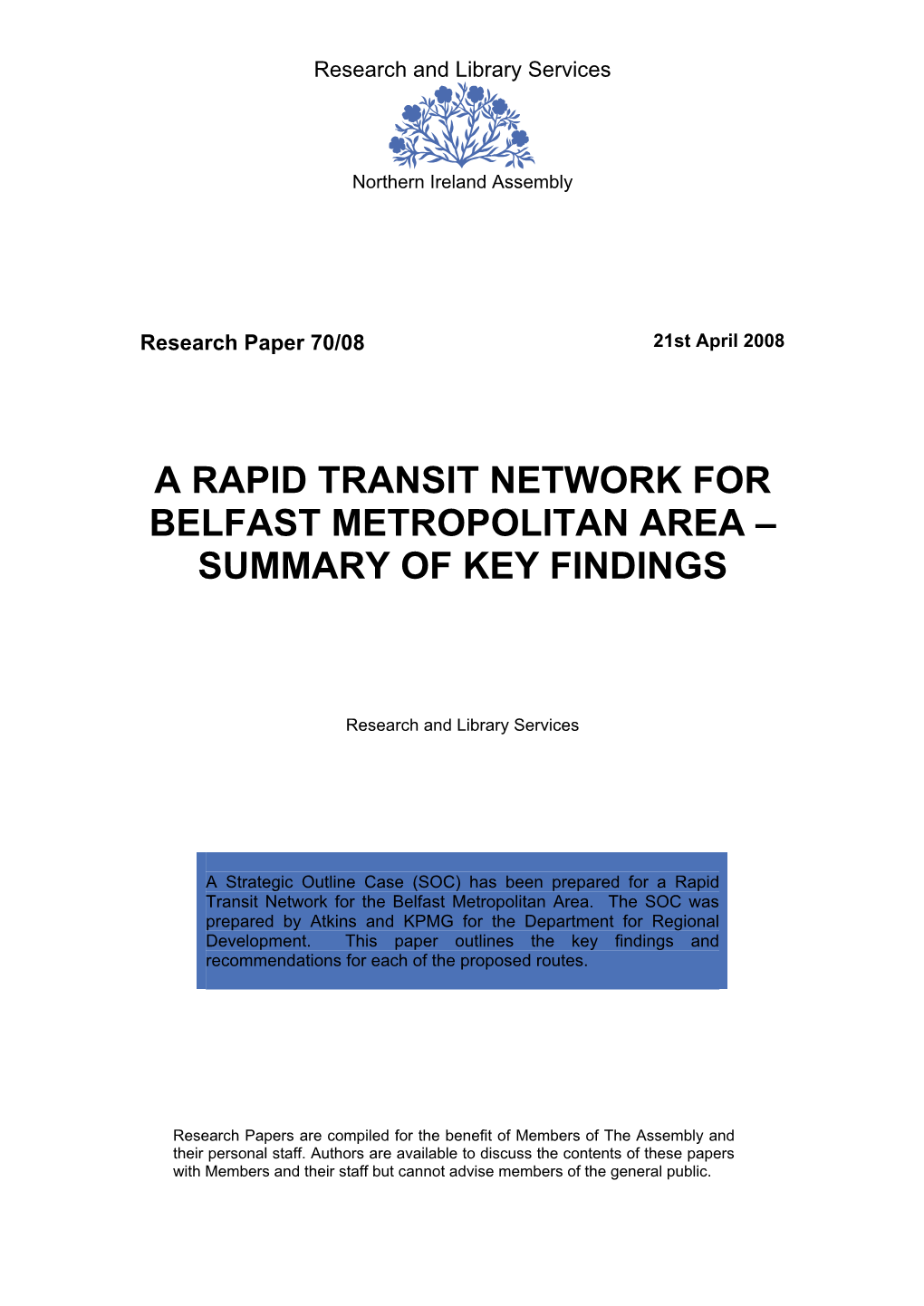 A Rapid Transit Network for Belfast Metropolitan Area – Summary of Key Findings