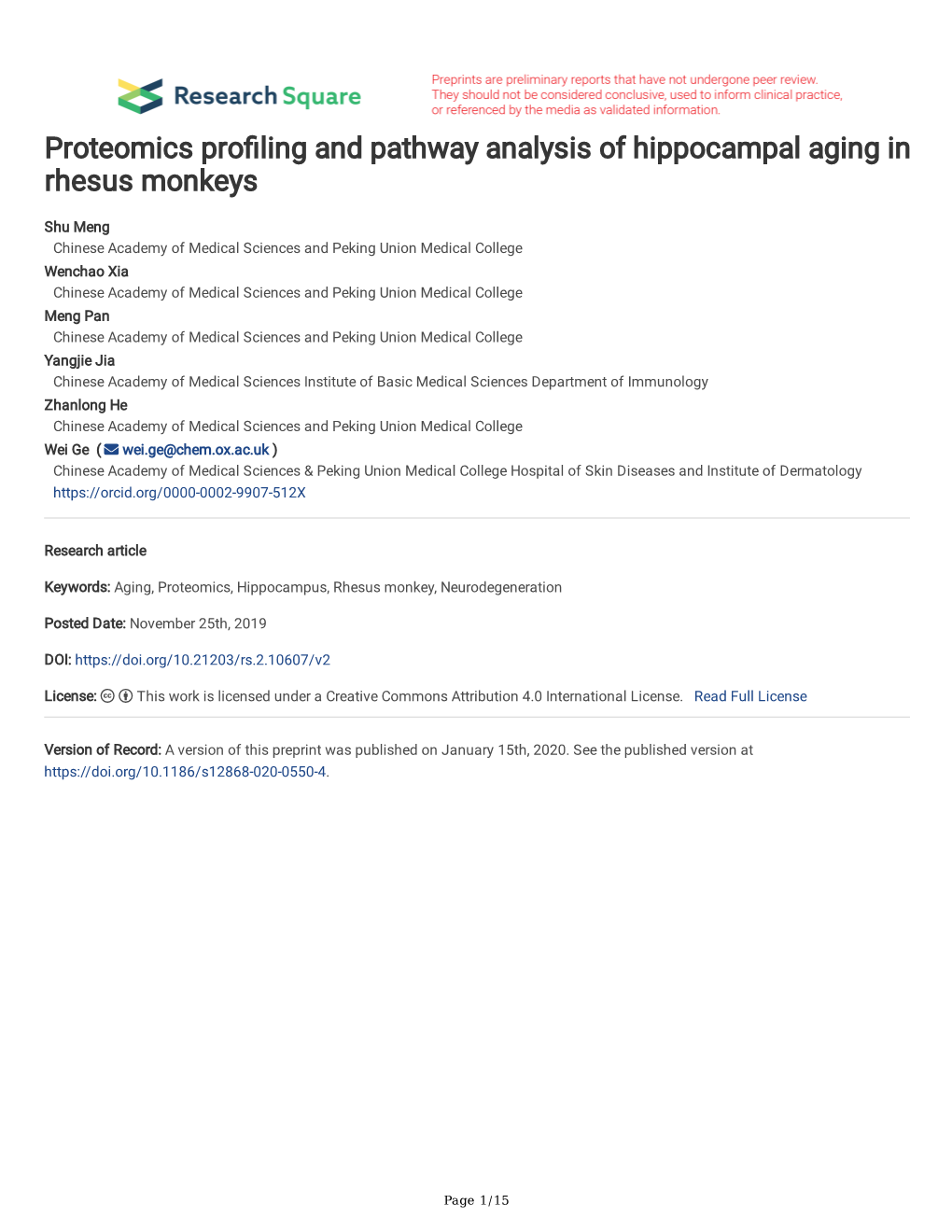 Proteomics Profiling and Pathway Analysis of Hippocampal Aging In