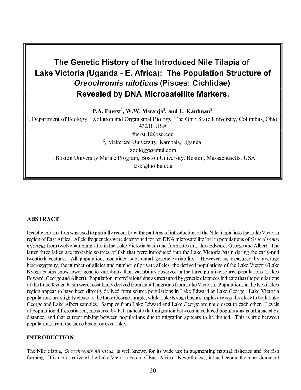 The Genetic History of the Introduced Nile Tilapia of Lake Victoria (Uganda - E