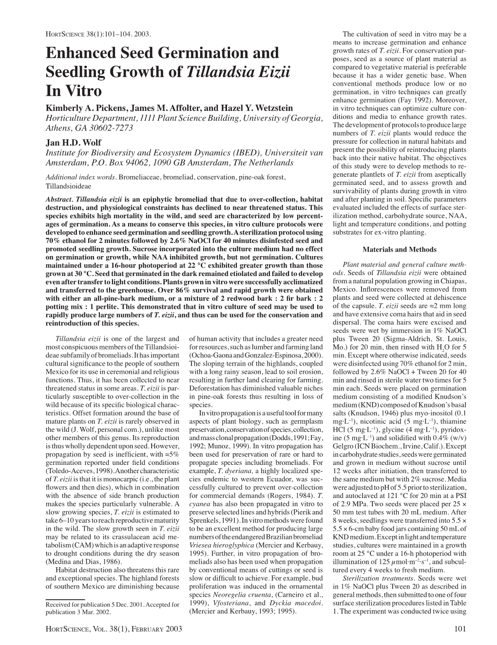 Enhanced Seed Germination and Seedling Growth of Tillandsia Eizii