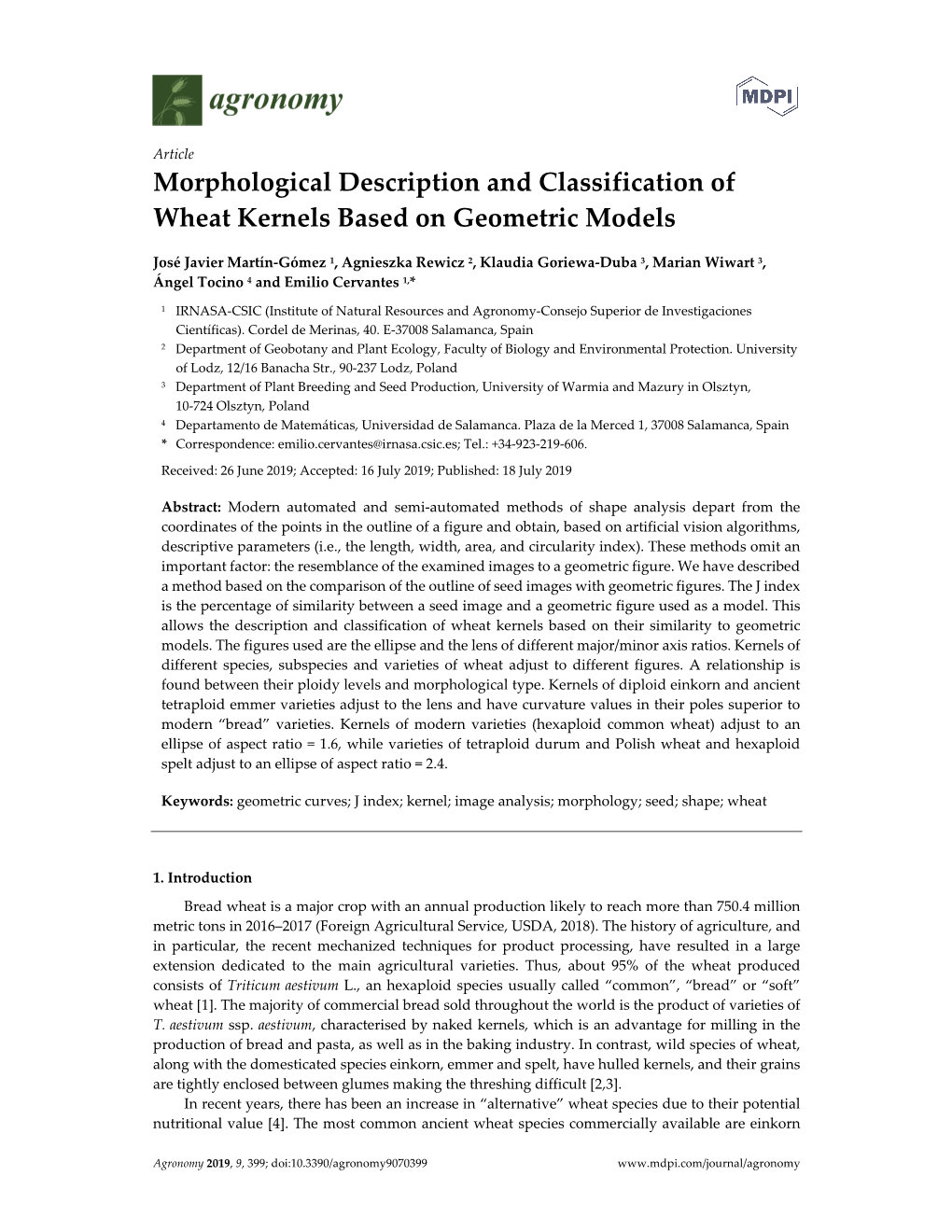 Morphological Description and Classification of Wheat Kernels Based on Geometric Models