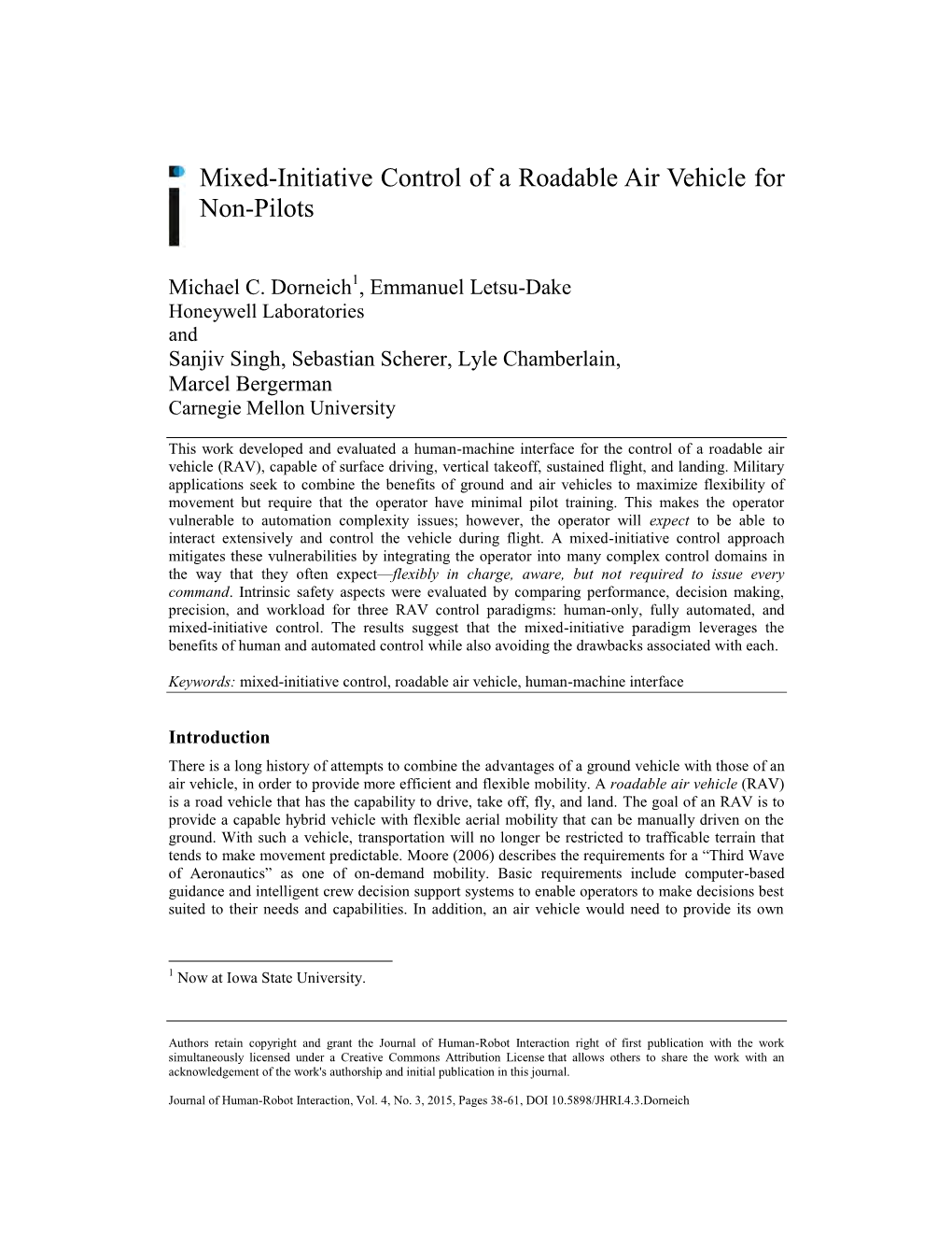 Mixed-Initiative Control of a Roadable Air Vehicle for Non-Pilots