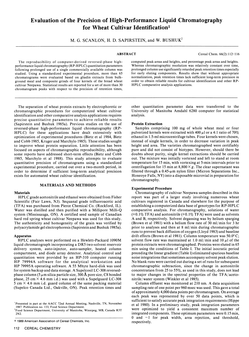 Evaluation of the Precision of High-Performance Liquid Chromatography for Wheat Cultivar Identification'