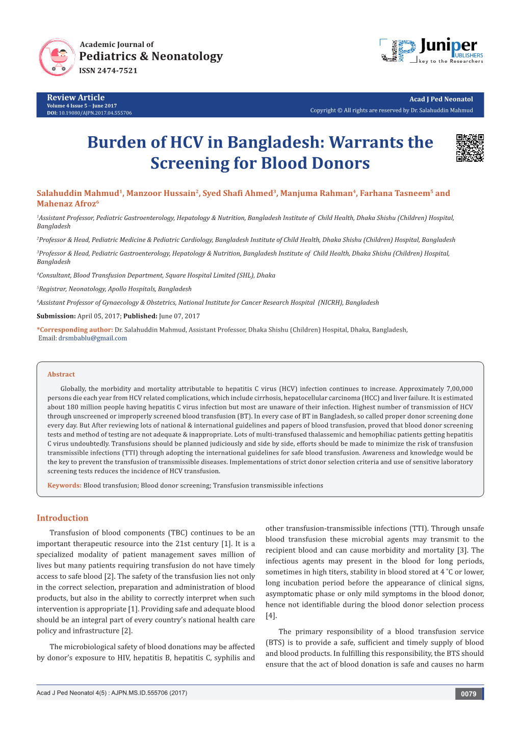 Burden of HCV in Bangladesh: Warrants the Screening for Blood Donors