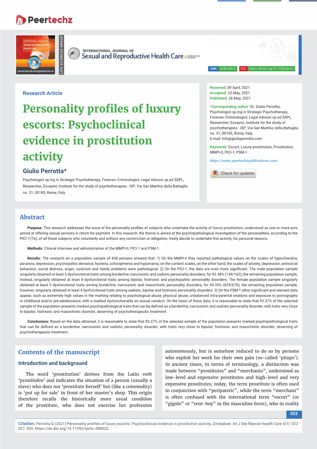 Personality Profiles of Luxury Escorts: Psychoclinical Evidence in Prostitution Activity, Zimbabwe