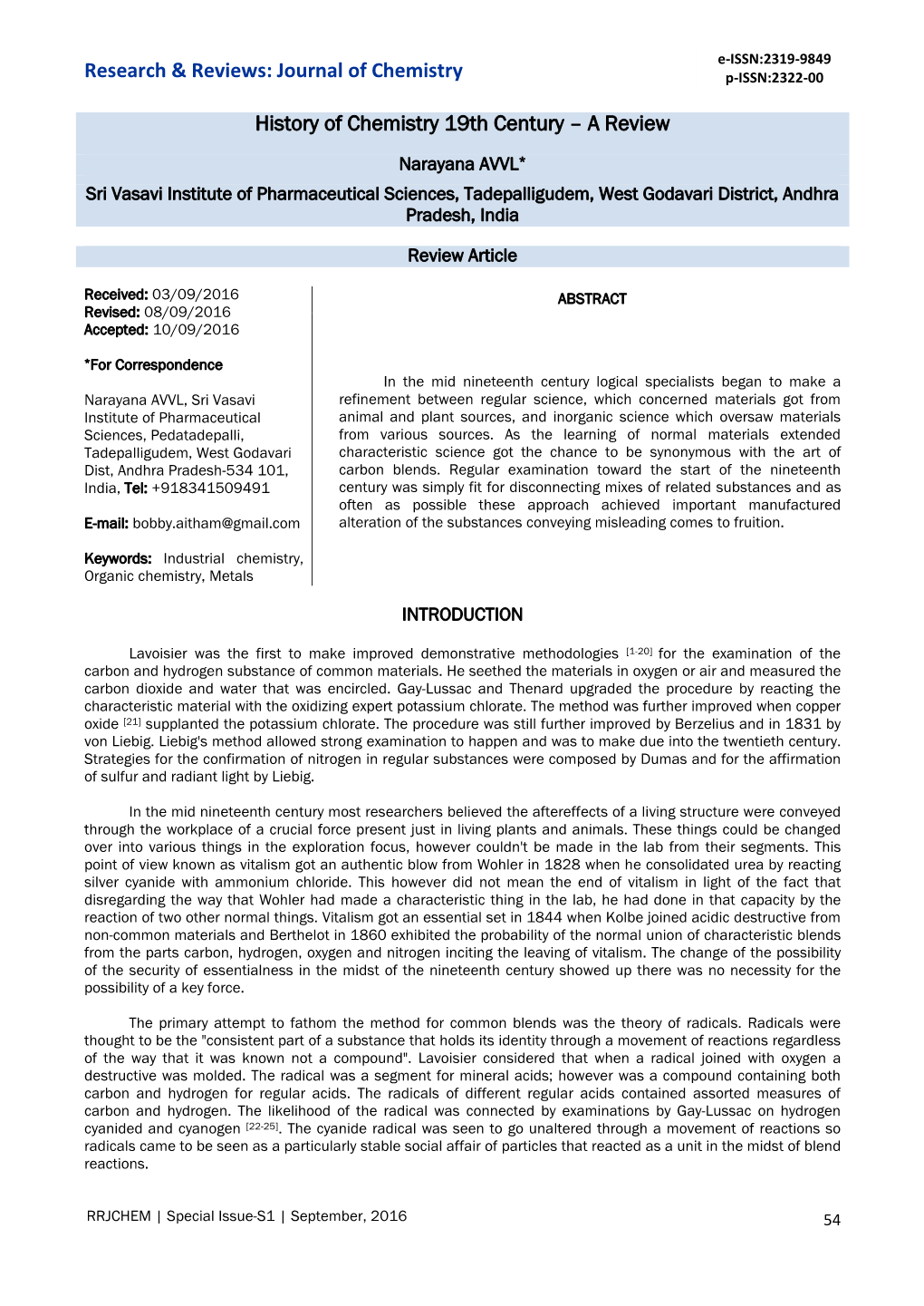 Journal of Chemistry History of Chemistry 19Th Century – a Review